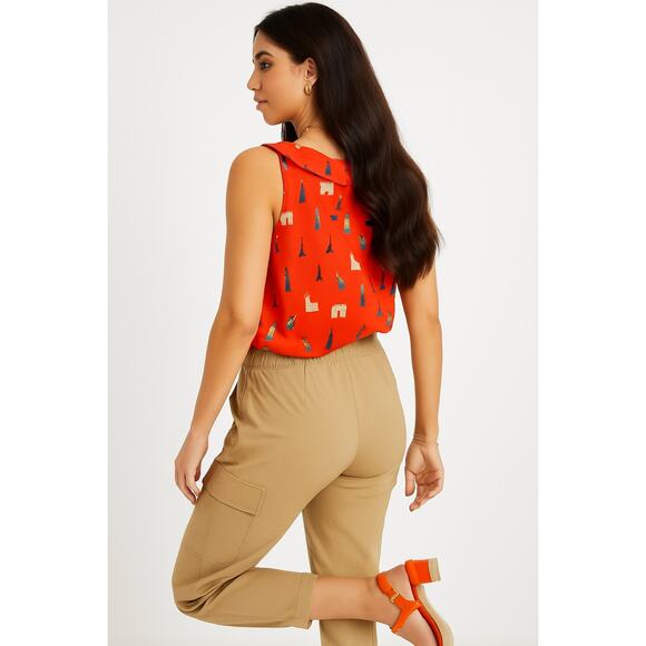 Maeve Anthropologie Aurelie Landmarks Sleeveless Ruffle Blouse Orange Size 8P - Picture 4 of 9